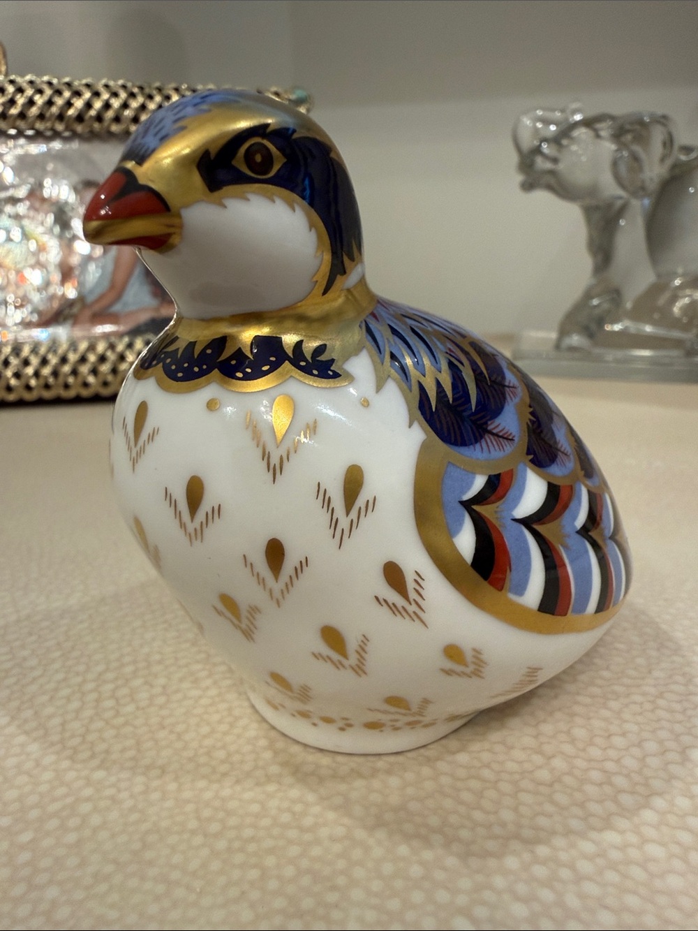 Royal Crown Derby White, Gold, Blue and Red Porcelain Quail Figurine